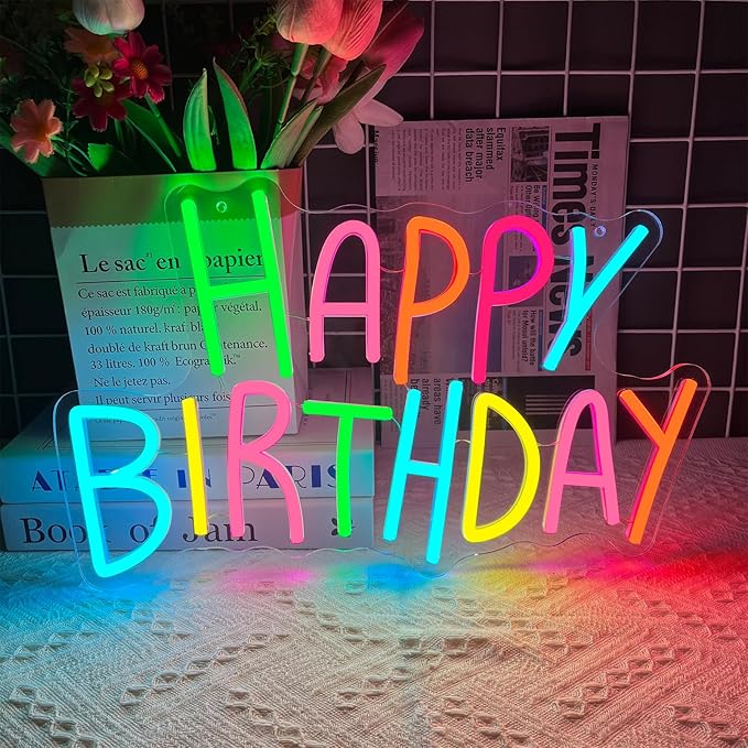 Happy Birthday Neon Sign for Wall Decor, Colorful Happy Birthday Neon Lights, LED Birthday Neon Light for Backdrop, Neon Birthday Signs for Bedroom Bar Cafe Party Any Ages Bday Celebration Decoration