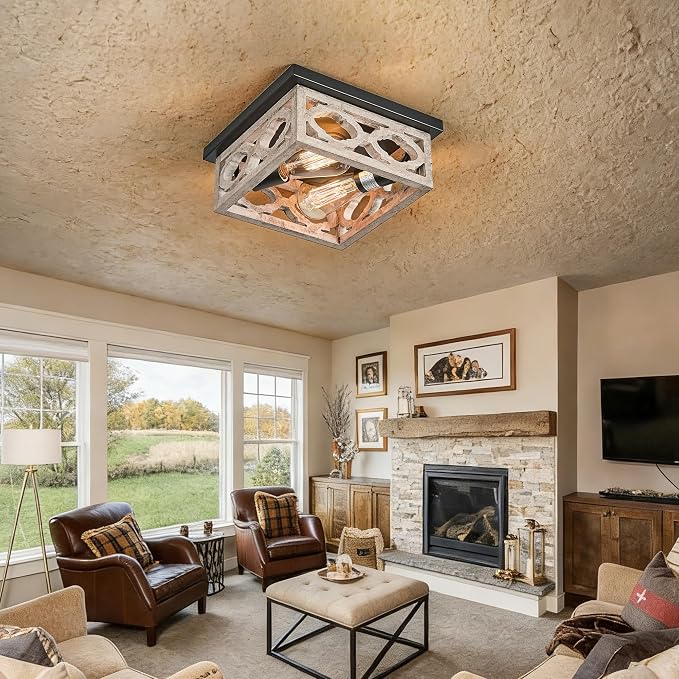 Farmhouse Flush Mount Ceiling Light, 10.5” Square Vintage Rustic Distressed White & Matte Black, MDF Shade Fixture for Livingroom, Bedroom, Kitchen, Hallway, Entryway, 2-Light E26