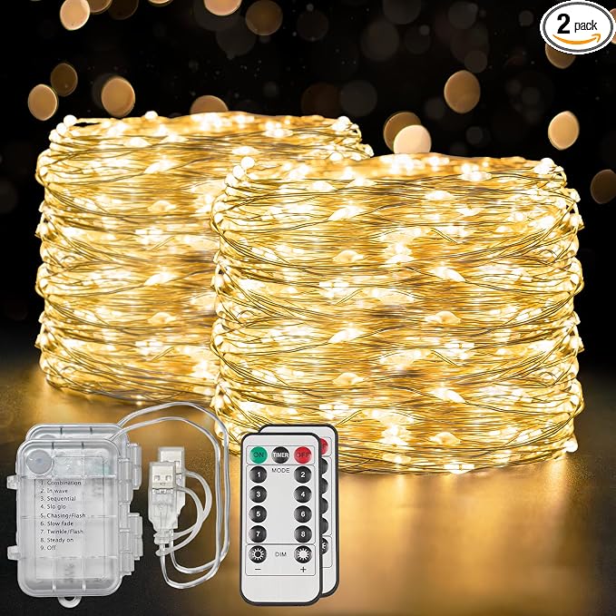 Flexible Copper String Lights, Fairy Lights Warm White, 2Pack Total 132ft 400 LED Battery Operated/USB Twinkle Lights for Bedroom, Dorm Decor