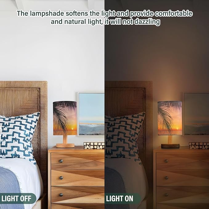 Table Lamp Sunset Ocean Palm Tree Tropical Summer Nightstand Lamp with Wood Base Fabric Lamp Shade Bedside Desk Lamp for Living Room Bedroom Kids Room Office