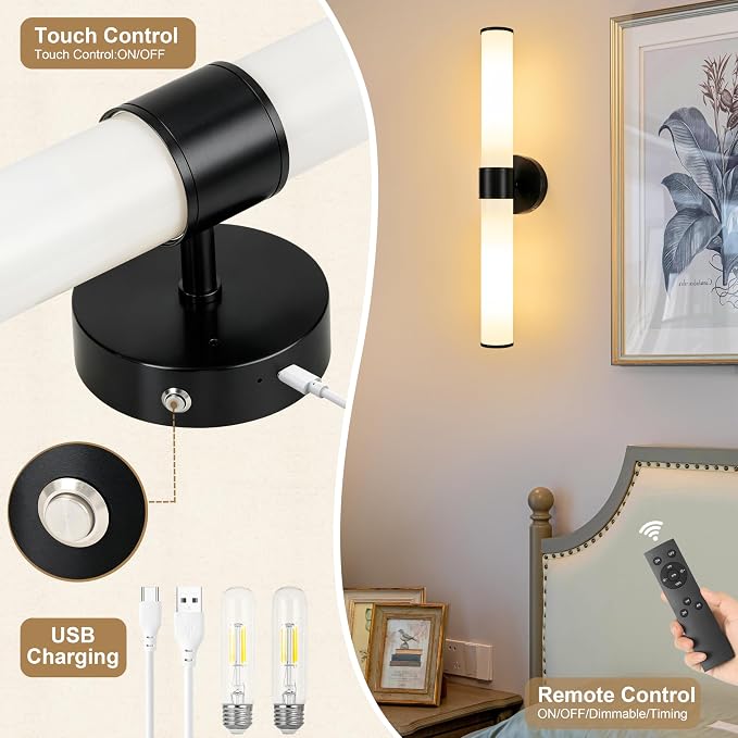 Morauroral Black Battery Operated Wall Sconces Set of 2, Rechargeable Wall Lights with Remote, 20 Inch Modern Cordless Wall Lamp for Bedroom, Living Room with White Shade (Bulbs Included)