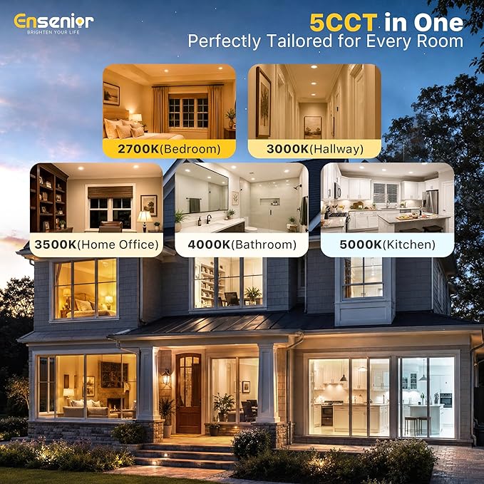 Ensenior 24 Pack 7 Inch LED Recessed Ceiling Light, 5CCT, 1200LM 12W 120V | 2700K-5000K Selectable, 5%-100% Dimmable, Ultra-Thin Canless Wafer Downlight, Aluminum, Damp Rated, ETL&FCC&IC