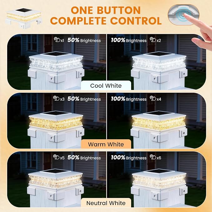 APONUO Solar Post Cap Lights Outdoor, 3 CCT & 2 Brightness Deck Post Lights Solar Powered for 4x4 5x5 6x6 Vinyl Wooden Posts, Waterproof Dusk to Dawn Fence Deck Lights for Patio Garden, White, 6-Pack