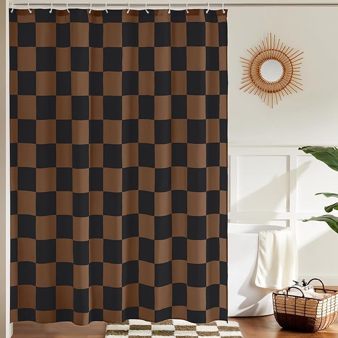 Ohocut Checkered Shower Curtain, Brown Black Plaid Shower Curtains for Bathroom, Cute Retro Checkboard Shower Curtain Vintage Aesthetic, Washable Fabric Bath Curtain 72''x72''