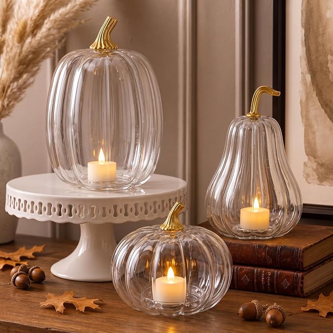 Yungyan Set of 3 Glass Pumpkin Lamp Shades Fall Decor,Clear | Pumpkin Candle Holder Rustic Thanksgiving Halloween Autumn Mantel Table Centerpiece Home Decoration, Lights Not Included