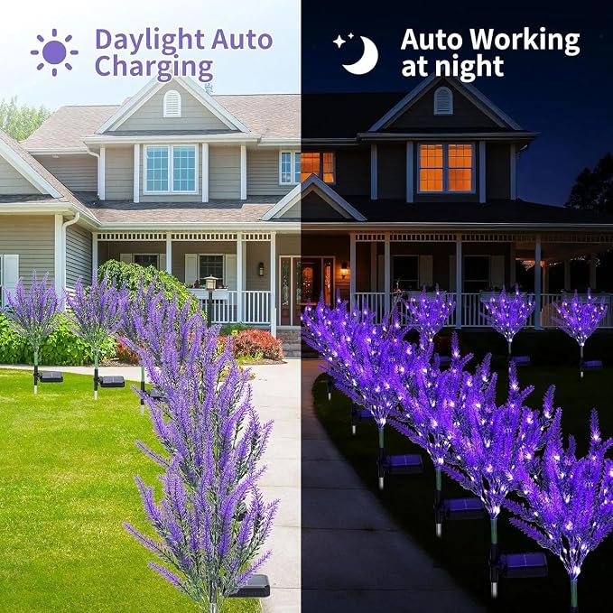 Geegoods Lavender Solar Garden Lights, 2 Pack Outdoor LED Flowers | 2 purple lavender solar flowers with LEDs; auto on/off, IP65 waterproof stakes for pathway, yard, patio and Halloween decor