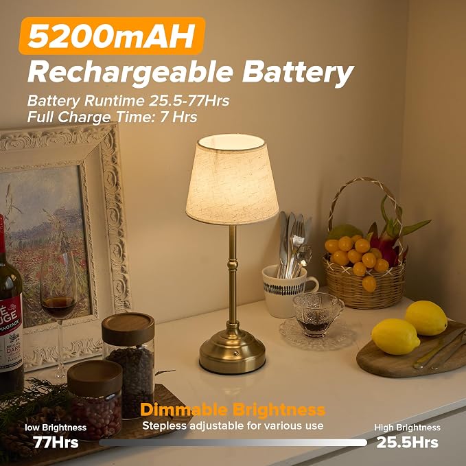 2 Pack Cordless Table Lamp, Rechargeable Desk Lamp with Fabric Shade, Battery Operated 3 Color Stepless Dimming, Small Touch Bedside Lamp Home Decor for Dining, Counter(Brushed Gold)