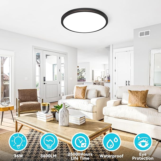 libtit 16Inch Flush Mount LED Ceiling Light Fixture, 3000K 4000K 6500K Adjustable, 36W 3600lm Rubbed Bronze Satin Round Ceiling Lamp for Bathroom Shower Hallway Kitchen, 1 Pack