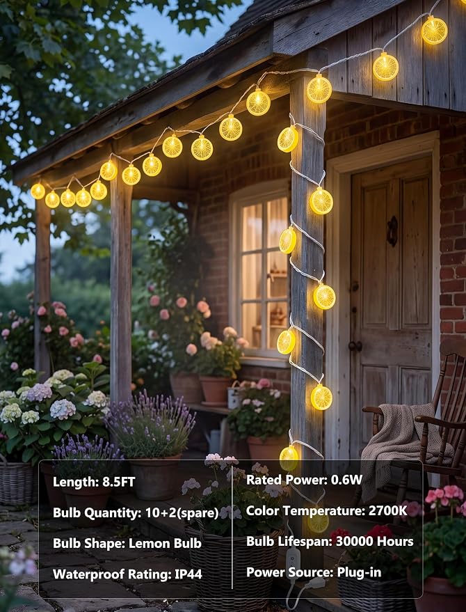 GOOTHY Lemon String Lights Plug in, 8.5Ft Outdoor Fairy Decorations String Lights with 10 LED Yellow Lemon Slice Lights, Hanging Novelty Summer Patio Lights for Garden Kitchen Christmas Wedding Party