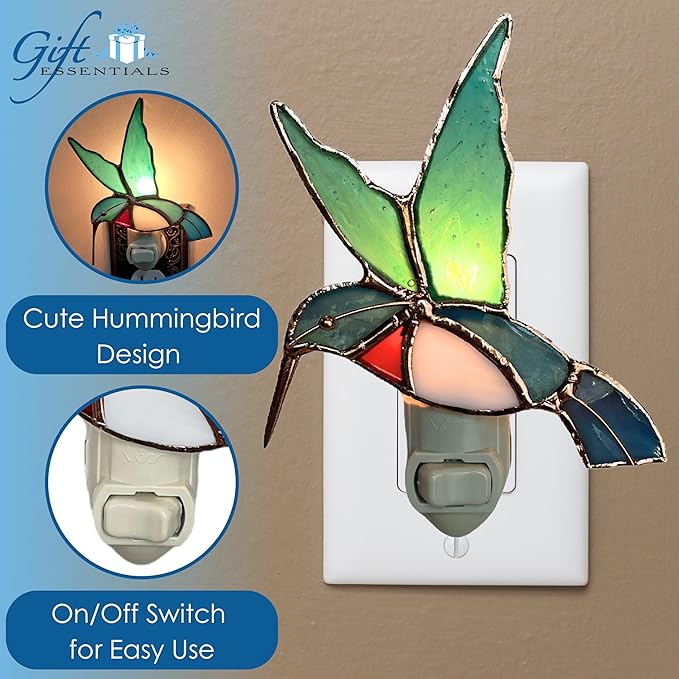 Gift Essentials Hummingbird Plug in Night Light - Stained Glass Nightlight with On/Off Rocker Switch - Includes One 4 Watt Replaceable Incandescent Warm Glow Bulb
