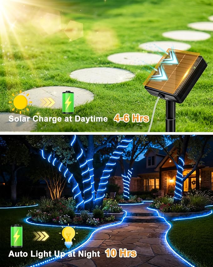 btfarm Solar Rope Lights, 120LED 46FT String Lights Outdoor Waterproof | 8 Modes, Timer & Memory Function, Tube Trampoline lighting for Outside Garden Tree Christmas Yard Patio Decor, Blue