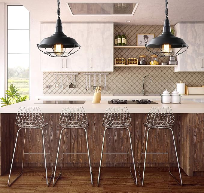 Black Farmhouse Pendant Light - 2 Pack Industrial Vintage Hanging Light Fixtures Metal Wire Cage Pendant Lighting with Adjustable Chain for Kitchen Barn Hallway Porch Dining Room