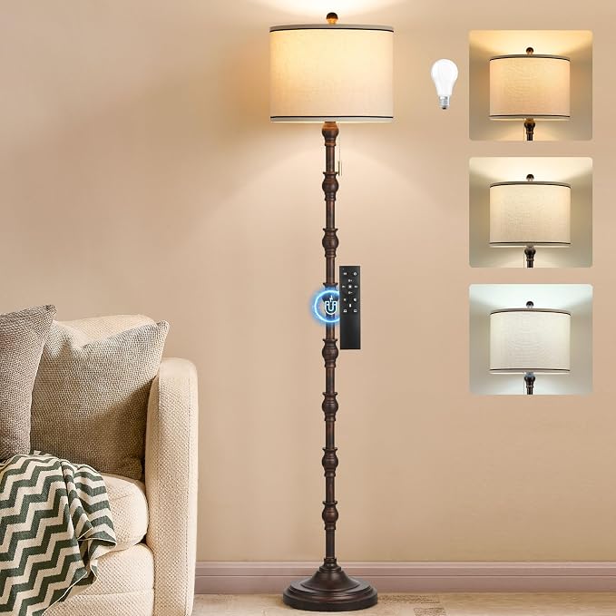 63.5'' Floor Lamps for Living Room, Farmhouse Floor Lamp for Bedroom with 3 Color Temperatures, Vintage Standing Lamp, Tall Lamp with Remote, Chain Switch, Bulb Included, Black