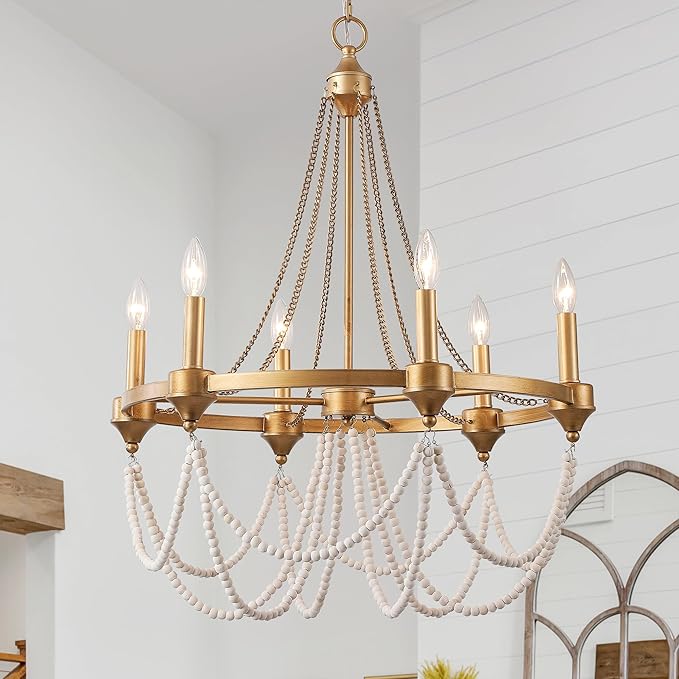Boho Beaded Chandelier Farmhouse Rustic Candle Style Hanging Light Fixtures French Country Chandeliers Lighting for Dining Room Foyer Kitchen Entryway Antique Gold Chandelier 6-Lights W25.6