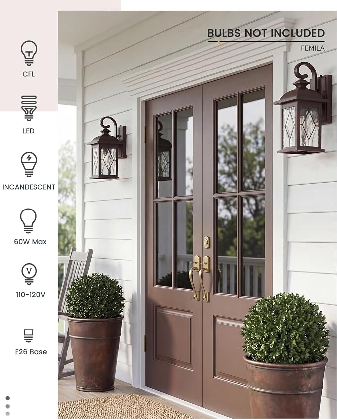 FEMILA Dusk to Dawn Outdoor Wall Light Fixtures, 15" Exterior Waterproof Wall Sconce, Front Porch Lights, ORB Finish with Hammered Glass, E26, UL Listed, 4FD54B-PC ORB-SD