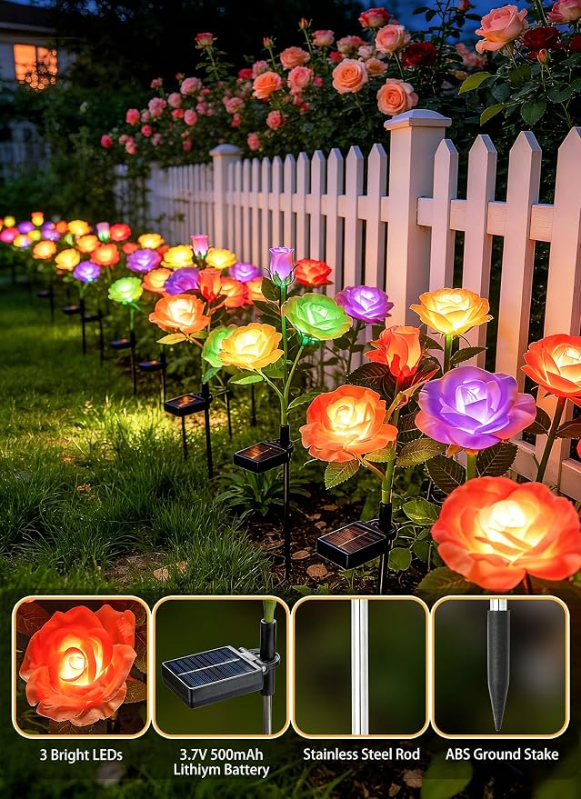 Brightown Solar Garden Lights, 4 Pack 7-Color Changing Rose Flower Lights | Larger & Realistic Rose, Bigger Solar Panel, Waterproof LED Solar Lights Outdoor for Yard Garden Lawn Pathway Decorations