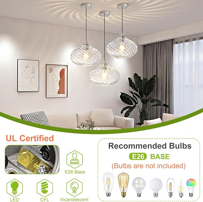 11in Nickel Pendant Lights Kitchen Island with Clear Glass Shade 1Pack | Handcrafted Glass Pendant Light Fixtures, UL Certified, E26 Base 100W Max, Height-Adjustable, Dimmable Hanging Pendant Light