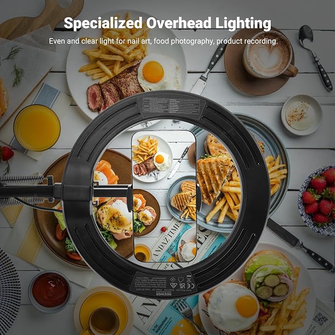 NEEWER Entry Level Version N41 8" LED Ring Light with Desk Clamp Stand/Remote, Overhead Phone Mount Holder Compatible with iPhone, Streaming Video Recording Selfie Nail Tech Food Photography Lighting