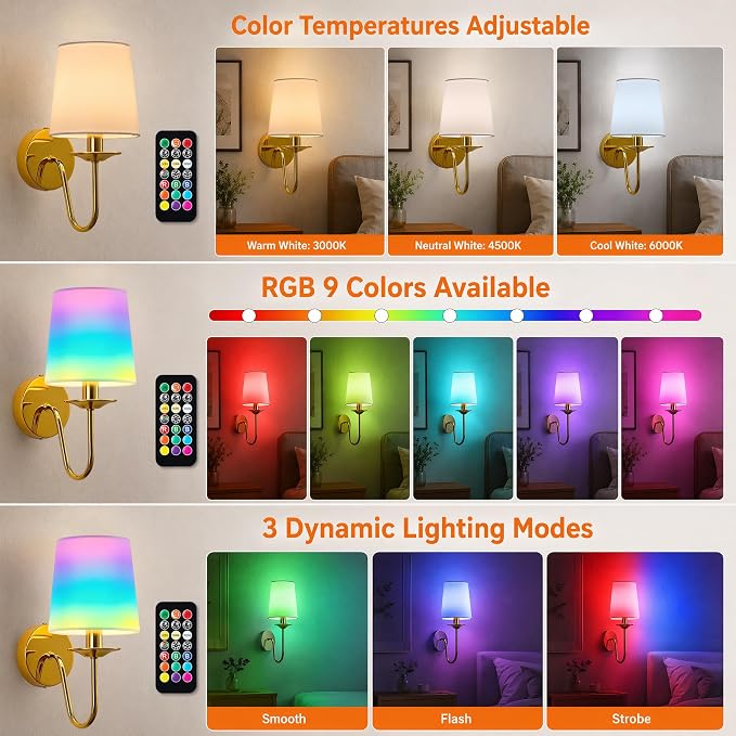 Rechargeable Wall Sconces Set of 2, 10000mAh Magnetic LED Bulb Wall Lights, 9 RGB Colors 3 CCT Dimmable, Battery Operated Cordless Wall Scone Lamp for Bedroom Living Room Home Decor