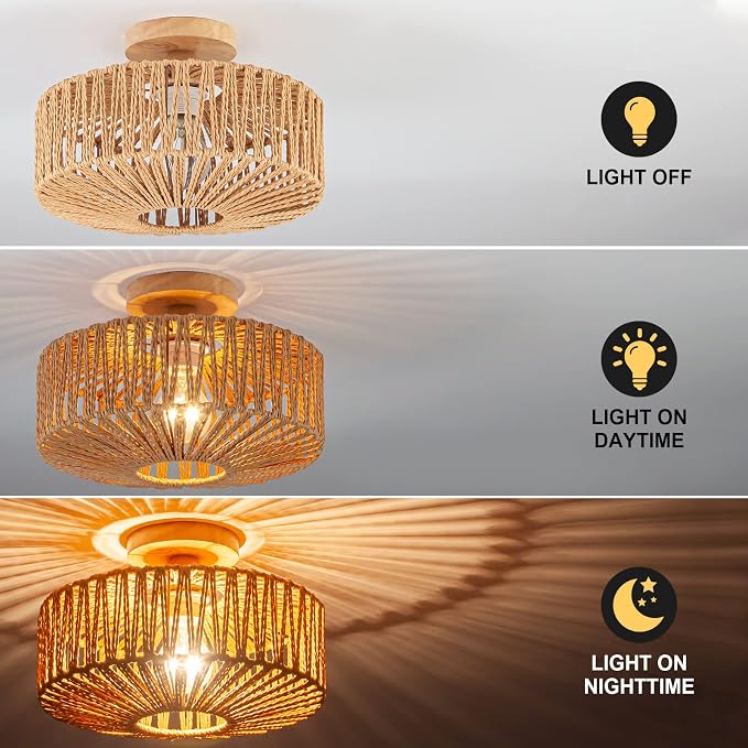 Boho Rattan Ceiling Light - Flush Mount Mini Chandelier Woven Light Fixture for Bedroom, Hallway, Entryway, Bathroom, Nursery