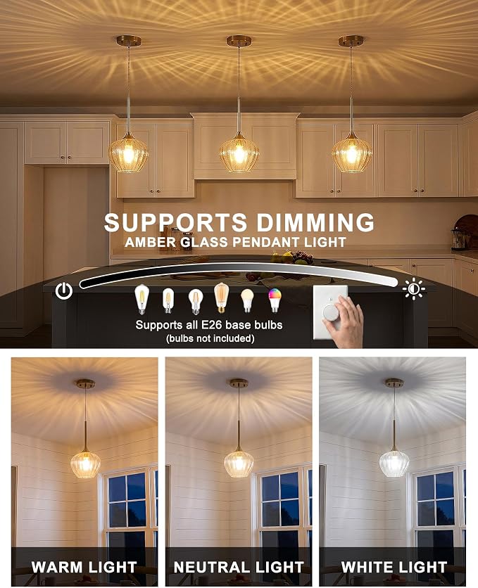 2-Pack Glass Pendant Lights Kitchen Island, 7.7" Modern Gold Pendant Lighting Adjustable Hanging Light Fixtures for Kitchen, Dining Room, Bathroom, Bedroom