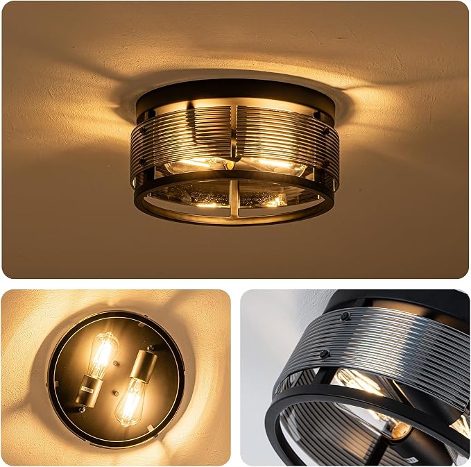 MAYNA 2-Light Round Flush Mount Ceiling Light Fixture,Black Metal Glass Farmhouse Ceiling Light with LED Bulb, Vintage Industrial Ceiling Lamp for Bedroom Kitchen Hallway Entryway