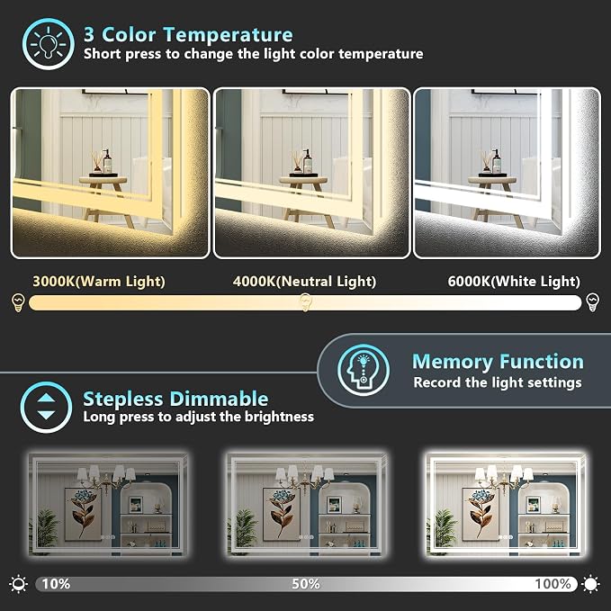 55x36 LED Bathroom Mirror, Backlit & Front Lit Lighted Mirror | Anti-Fog Vanity Mirror with Lights, 3 Color Dimmable, Memory, Shatterproof, Tempered Glass, CRI95, UL Listed, Wall Mounted