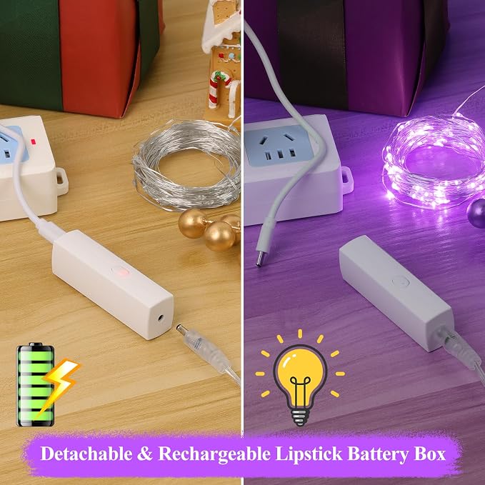 16FT(5M) Purple Fairy Lights, Rechargeable Battery Operated String Lights with Timer, 8 Modes Waterproof Mini LED Twinkle Lights for Bedroom Christmas Wedding Vine Centerpiece Table Decor