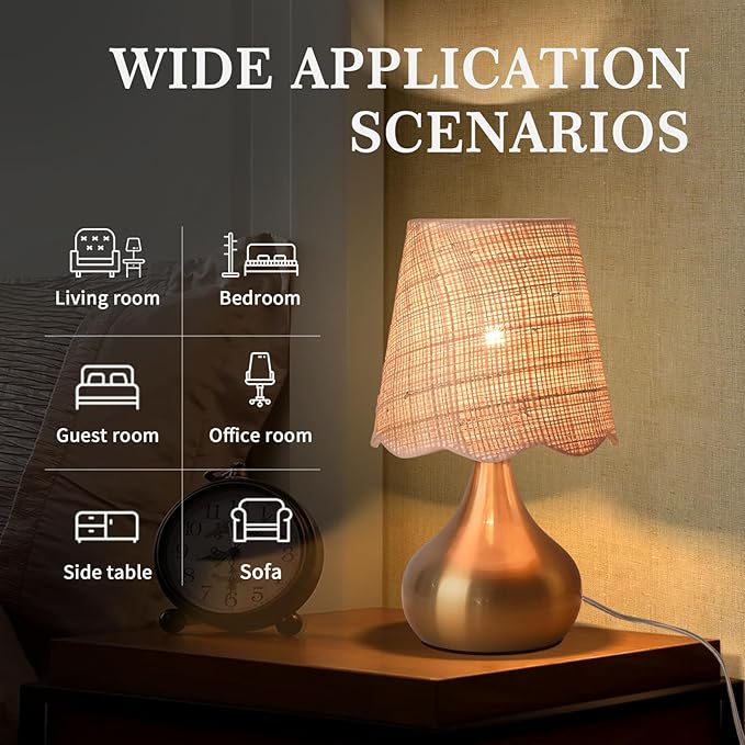 Ziqqeelam Gold Small Bedside Table Lamp Touche Control 3-Way Dimmable Brass Mini Table Lamps for Nightstand, Rattan Shade Small Table Lamps for Small Spaces for Kitchen Counter, Bookshelf, Bedroom