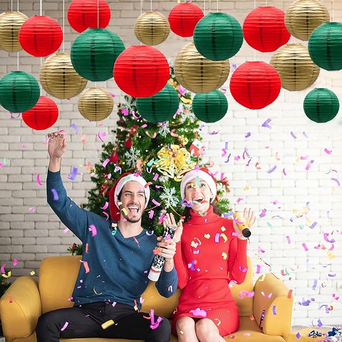 21-Pack Green Red Gold Hanging Paper Lanterns Decorative | 4/6/8/10 inches Round Lantern for Christmas, Italian Party, Mexico Party, Graduation, Anniversary, Birthday Decorations