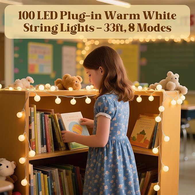 String Lights for Bedroom, 200 LED Globe Plug in Fairy Lights, 66FT Connectable Warm White Twinkle Lights with 8 Lighting Modes, Cozy Bed & Wall Decor, Waterproof for Outdoor Use