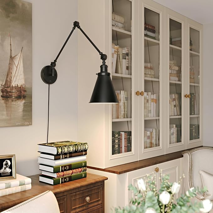 Plug in Wall Sconces Set of Two, Black Swing Arm Wall Lamp with 6.6FT Plug-in Cord and Knob Switch, Metal Wall Lights for Bedroom, Reading, Study Room, Office, Living Room (2 Pack)