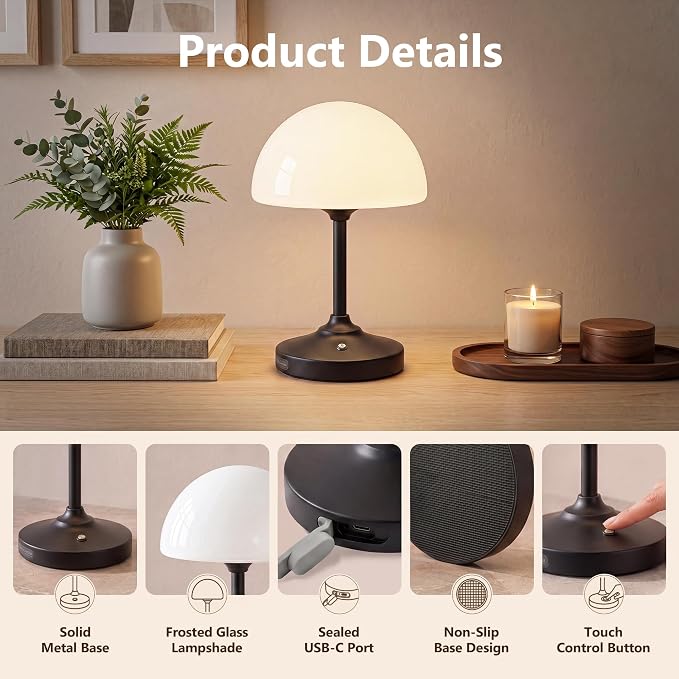Table Lamp Cordless Lamp,5000mAh Rechargeble Battery Operated Lamp | Small Bedside Desk Lamp 11.02" with Glass Shade 3-Way Dimmable Portable LED Table Light,for Outdoor,Dinner,Patio(Black)