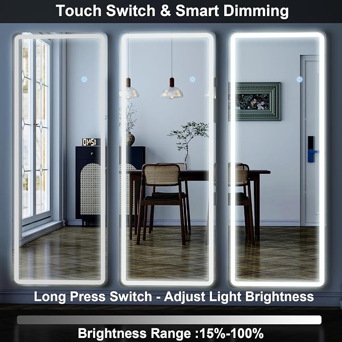 56" x 20" Full Length Mirror, LED Lighted Floor Standing Mirror | Dimming & 3 Color Lighting and Shatterproof Tempered Glass Wall Hanging or Leaning Full Body Mirror for Bedroom/Home Decor