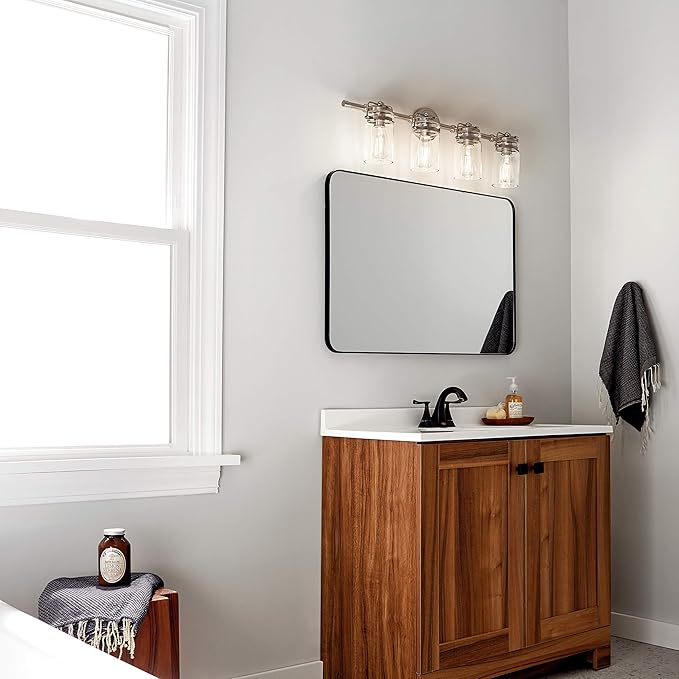 Kichler Brinley 32.25" Vanity Light in Brushed Nickel, 4-Light Farmhouse Bathroom Vanity Light with Clear Glass, (32.25" W x 10" H), 45690NI