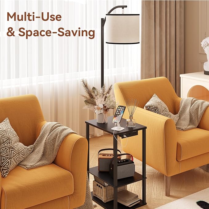 SUNMORY Floor Lamp with Table Shelves, End Side Table for Living Room | USB & AC Charging Stations, 3 Color Temperature 9W LED Bulb, Adjustable Shade, Modern Nightstand Lamps for Bedroom Office