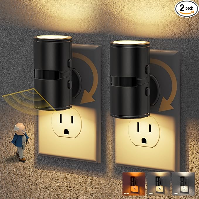 JandCase Motion Night Light, Rotating Night Lights Plug into Wall, 3 Colors | 3000K-5000K-Amber, Dusk to Dawn & Motion Sensor, 3 Level Brightness Nightlight for Bathroom Bedroom Hallway [2 Pack]