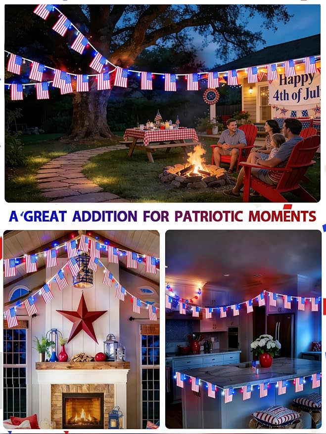 4th of July Lights 2PK Red White and Blue Battery String Lights with Flags | Total 48FT 100 LED wiht 50 American Flags, 8 Modes & Timer, IP44 Waterproof Patriotic Fairy Lights for Independence Day Decor