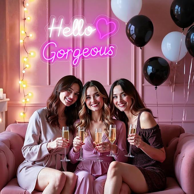 Hello Gorgeous Neon Signs for Wall Decor, for Sign with Dimmable Switch - for Girls Bedroom, Makeup Room Decor Home Wedding Birthday Backdrop (16in White+Pink)