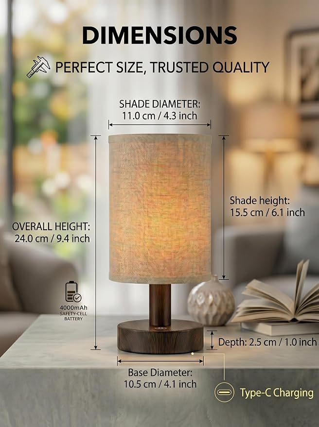 Rechargeable Cordless Table Lamp – 4000mAh Battery Bedside Lamp, Mini Touch Control Dimmable LED Light with 3 Color Modes, Portable Night Light for Bedroom, Dorm, Living Room, Desk, Sofa Side