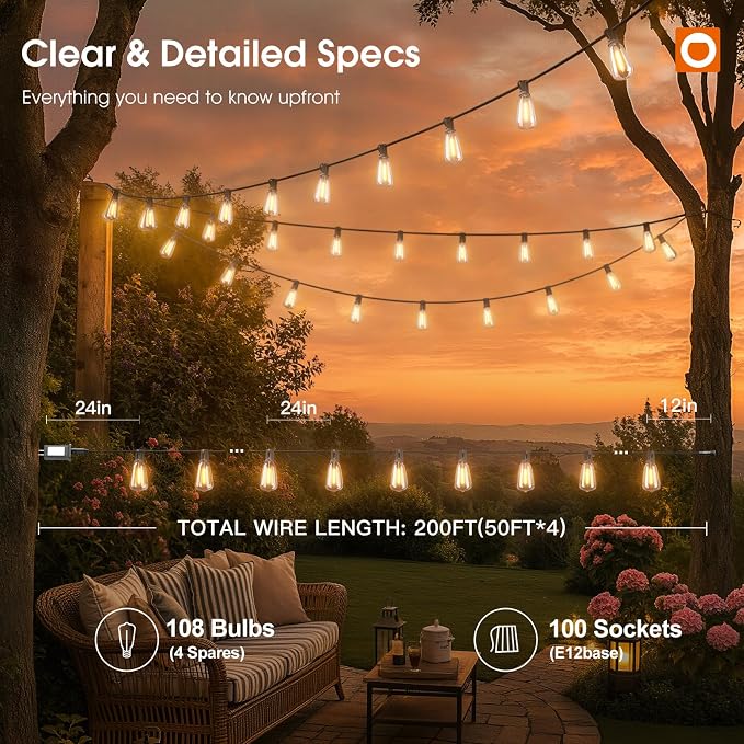 addlon 200FT(50*4) Outdoor String Lights with Remote LED Edison Waterproof | 108 Plastic ST38 Shatterproof Bulb, Extra Long Lighting, Hanging for Patio Outside Backyard Pergola Bistro Porch Garden Party
