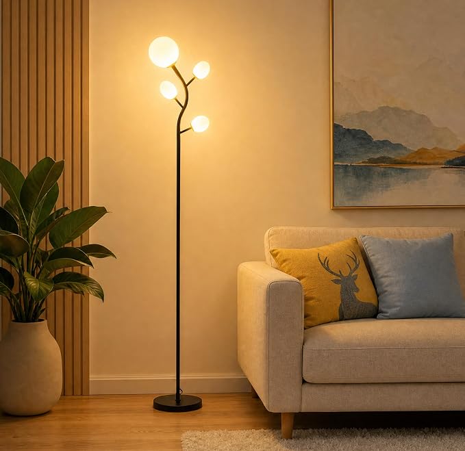 Fiqevs 4 Globe Floor Lamp for Living Room, Mid Modern Standing Tree Lamp | 3000K Warm White Light, 4 LED Bulbs Included, Sphere Ball Frosted Glass Shade Tall Lamp for Bedroom/Office, Matt Black