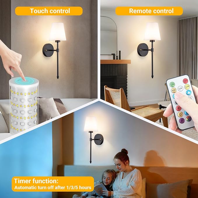 Vimhou Peel and Stick Wall Sconces, Stick On Wall Sconce Set of 2, Battery Operated Wireless Wall Light, No Drill Adhesive Wall Lamp, Corn Bulb with 10000mAh Rechargeable Battery, Bedroom Wall Decor