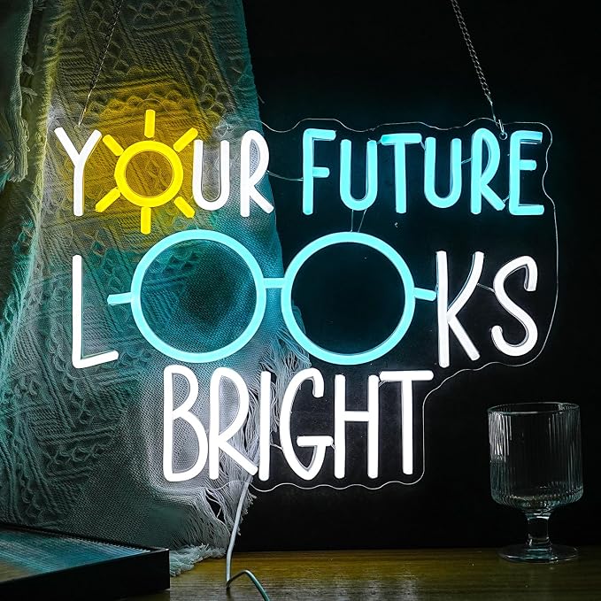 Your Future Looks Bright Neon Sign for Classroom Future Neon Light Eyeglasses Led Neon Sign Sunshine Light Up Sign for Classroom Office Bedroom Eyeglasses Store Class Office(16.5”*12.6”)