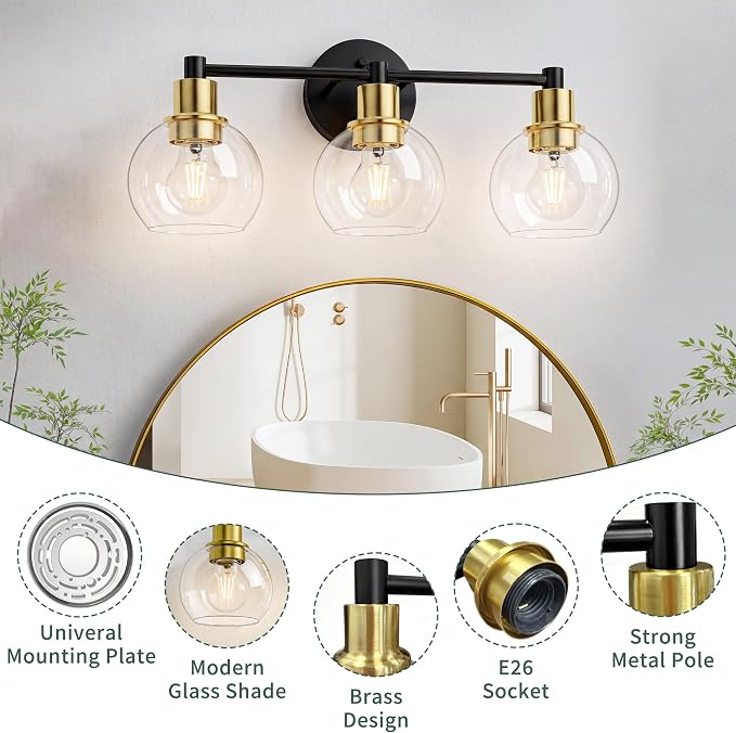 3 Light Bathroom Light Fixtures, Black and Gold Bathroom Vanity Lights, Modern Vanity Lights 3-Light Globe Bathroom Vanity Lighting Fixture Over Mirror
