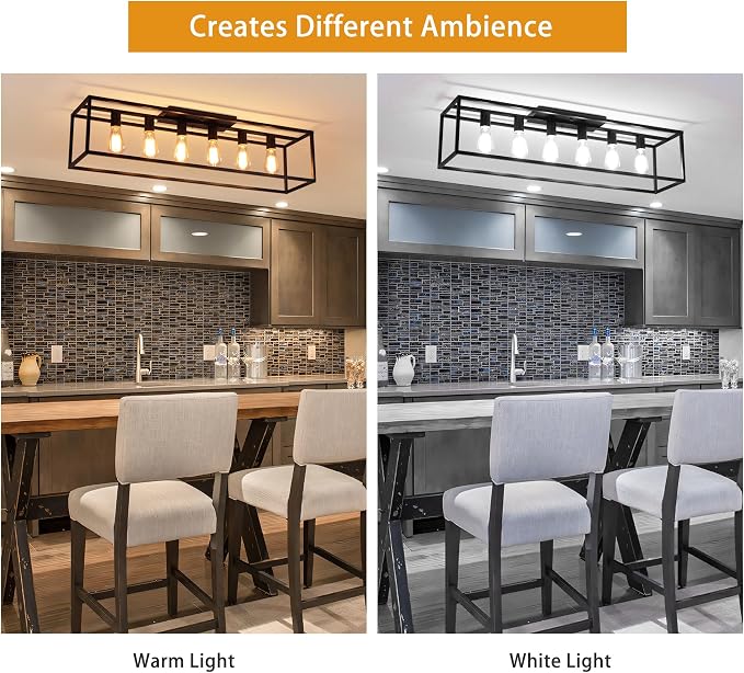 Garwarm 38" Farmhouse Kitchen Ceiling Light, Black Rectangle Flush Mount | 6-Light Farmhouse Dining Room Light Fixture, Industrial Rectangle Chandelier for Low Ceiling Living Room, Bedroom & Entryway