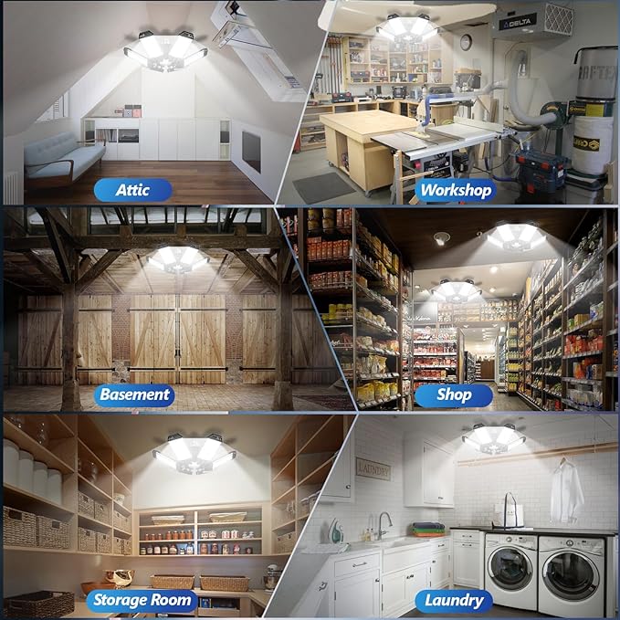 Garage Lights 6 Pack - 200W 20000LM Garage Lights Ceiling LED 6500K, Screw in Shop Lighting with 6+1 Adjustable Panels for E26/E27 Bulb Socket, for Workshop Basement Barn