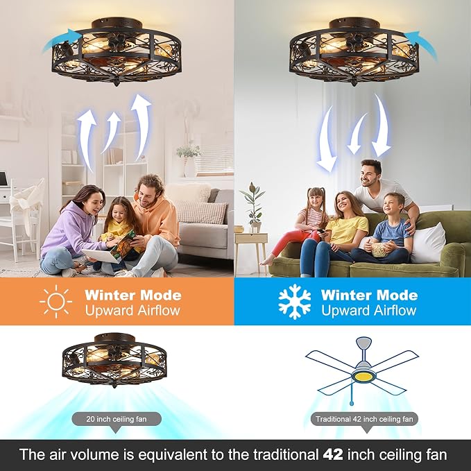 Rustic Black Caged Flush Mount Ceiling Fans with Lights and Remote Vintage Low Profile Bladeless Ceiling Fan, Reversible Motor, E26 Bulbs, 6 Speeds,for Farmhouse, Living Room, and Bedroom