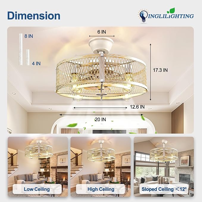 DLLT Caged Ceiling Fans with Lights: 20" Farmhouse Fandelier Ceiling Fan with Light and Remote Smart APP - Cement Industrial Chandelier Fan Light Rustic Fans for Bedroom Living Dining Room Kitchen