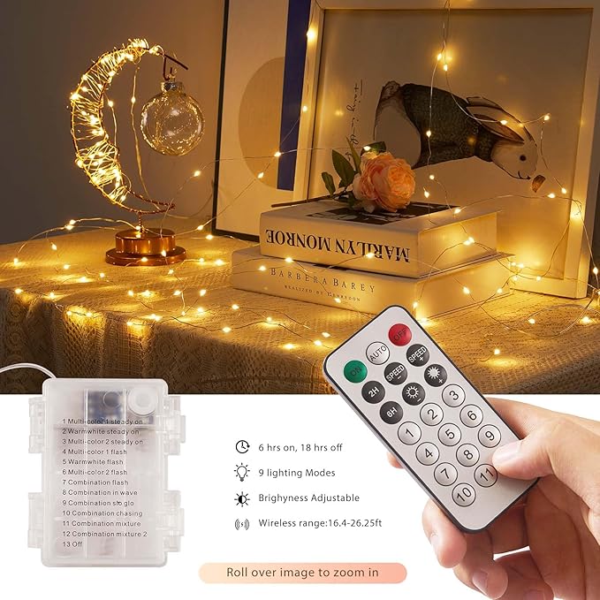 Ariceleo 1 Pack Warm White & Multi-Color Battery Operated String Lights, 5M/16.4ft. 50 LEDs Remote Control Timer 12 Modes Optional Twinkle Battery Powered Fairy Lights Sliver Wire Firefly Lights